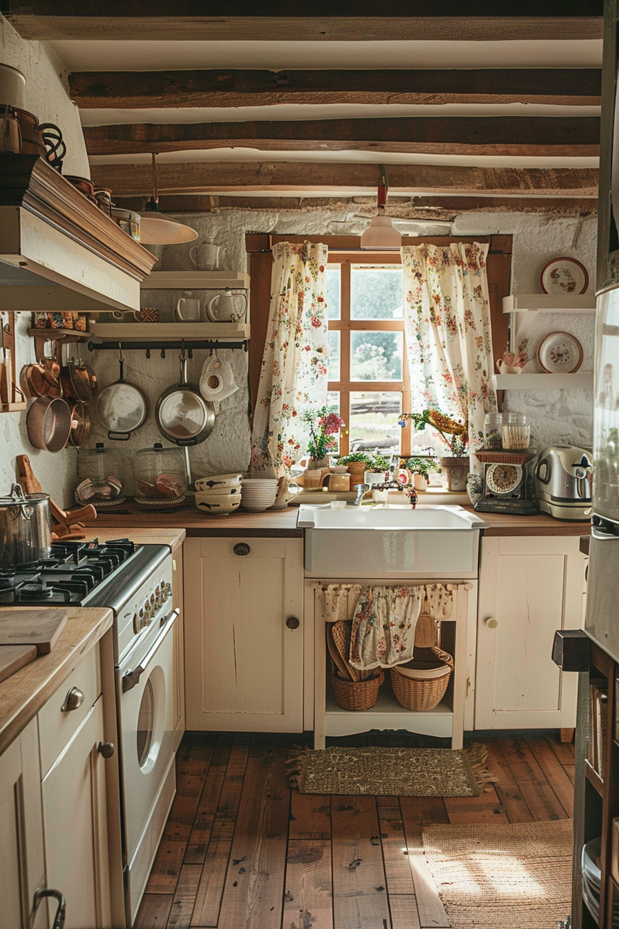 Cozy rustic kitchen with wooden beams, a window with floral curtains, and vintage cookware.
