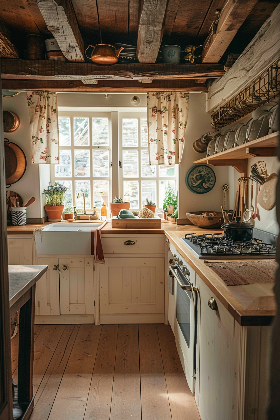 Cozy rustic kitchen interior with natural light, farmhouse sink, wooden countertops, and vintage utensils on shelves.