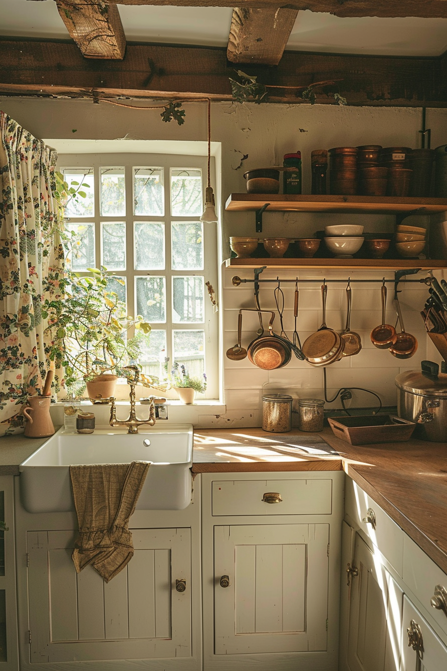 Cozy rustic kitchen interior with natural light coming through a window, wooden countertops, and hanging copper pans.