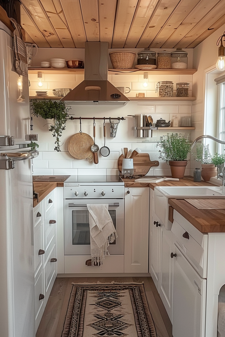 A cozy kitchen interior with white cabinetry, wooden countertops, open shelves, and a patterned rug on the floor.