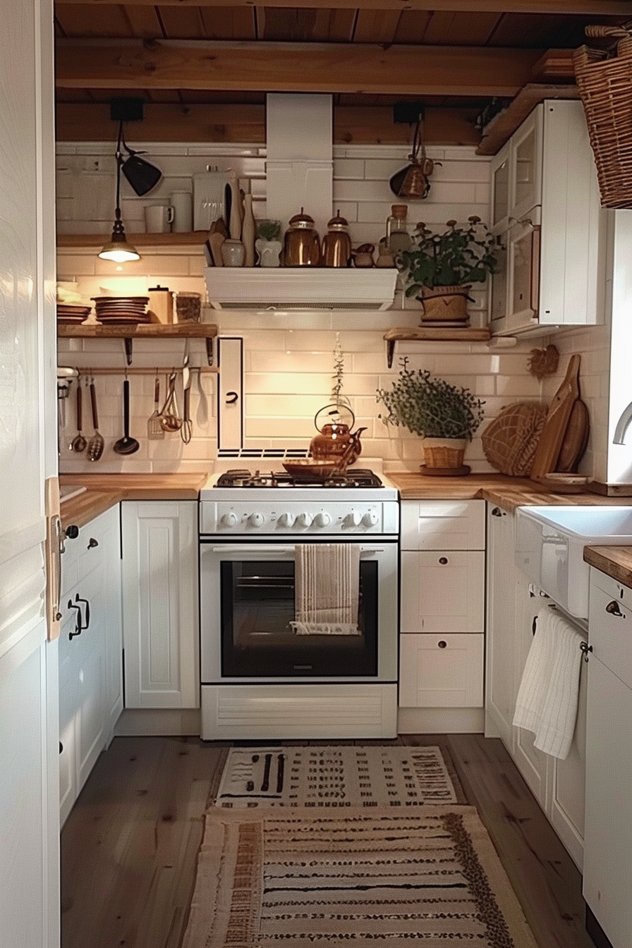 A cozy, rustic kitchen interior with white cabinetry, wooden countertops, open shelves, and a patterned rug on the floor.