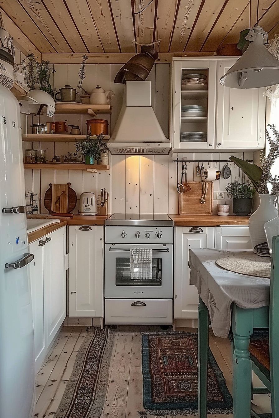 Cozy rustic kitchen with white appliances, wooden shelves, vintage-style oven, and patterned rugs on wooden flooring.