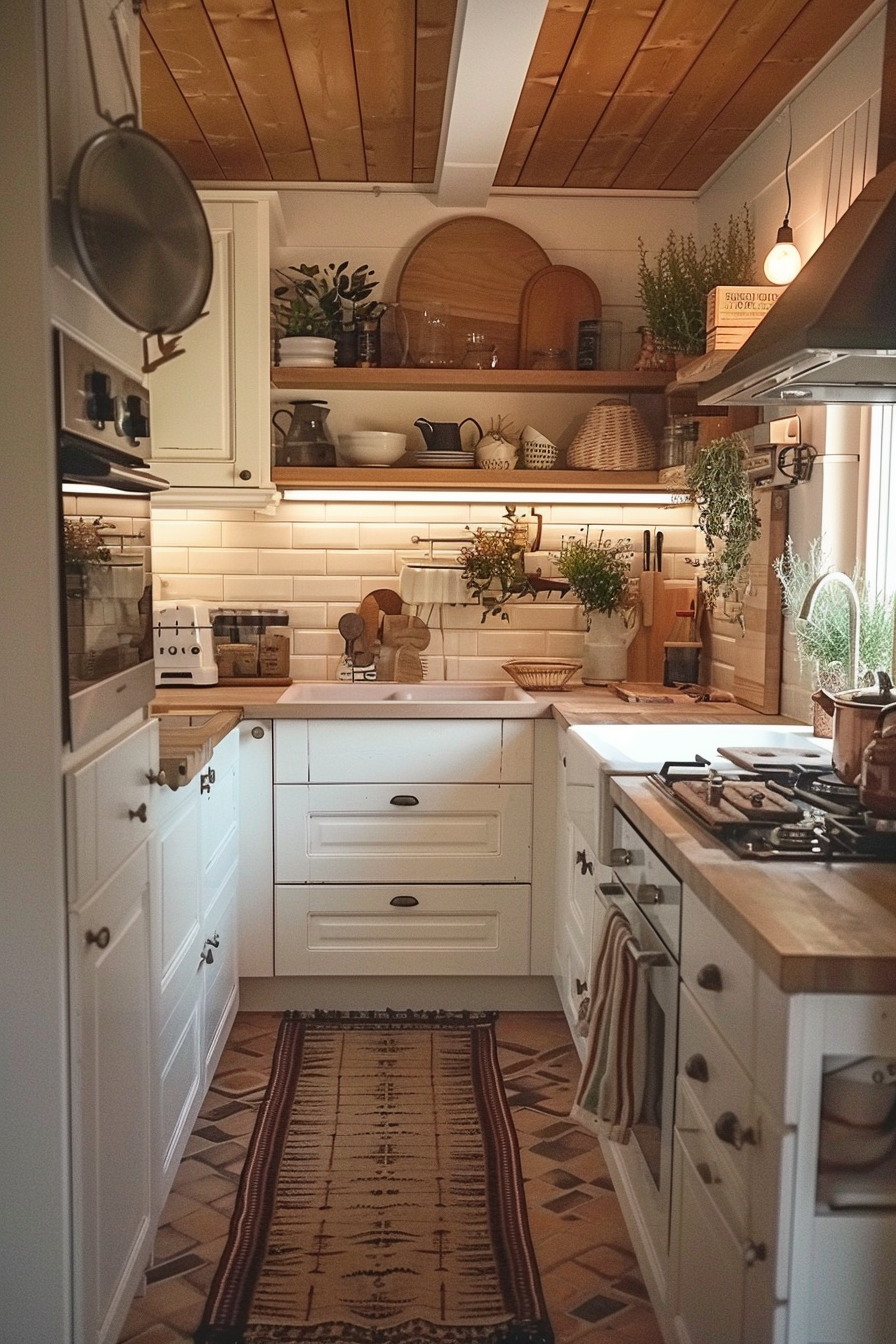 Cozy cottage-style kitchen with white cabinetry, subway tiles, wooden countertops, and terracotta-tiled floor.