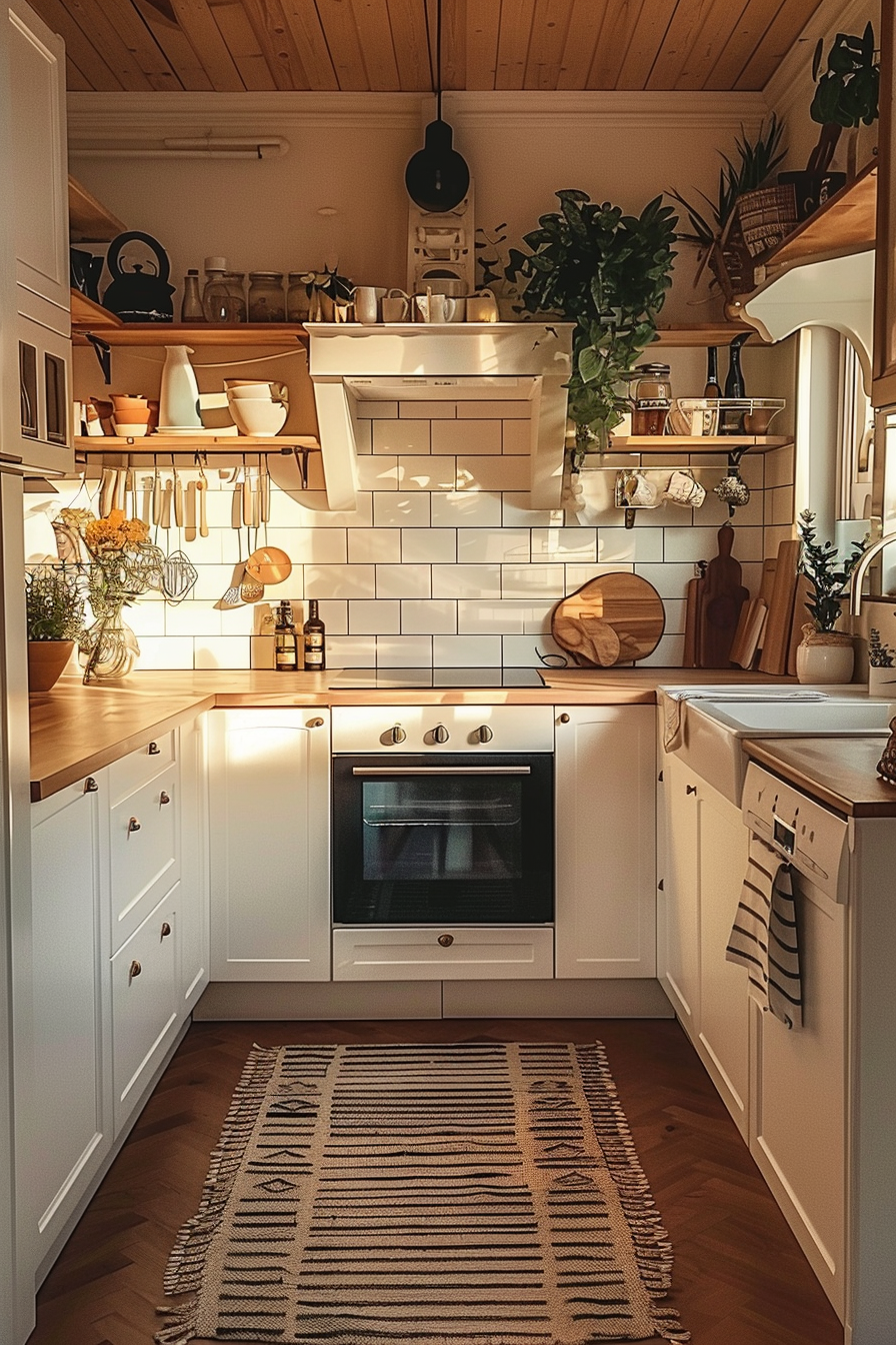 Cozy kitchen interior with wooden countertops, white cabinetry, subway tiles, and warm lighting. Plants and utensils add a homely touch.