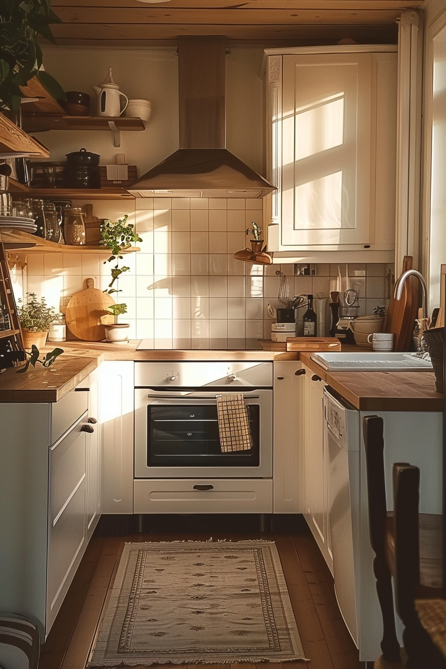 ALT: A cozy kitchen interior bathed in warm sunlight with white cabinets, wooden countertops, and open shelves filled with kitchenware.