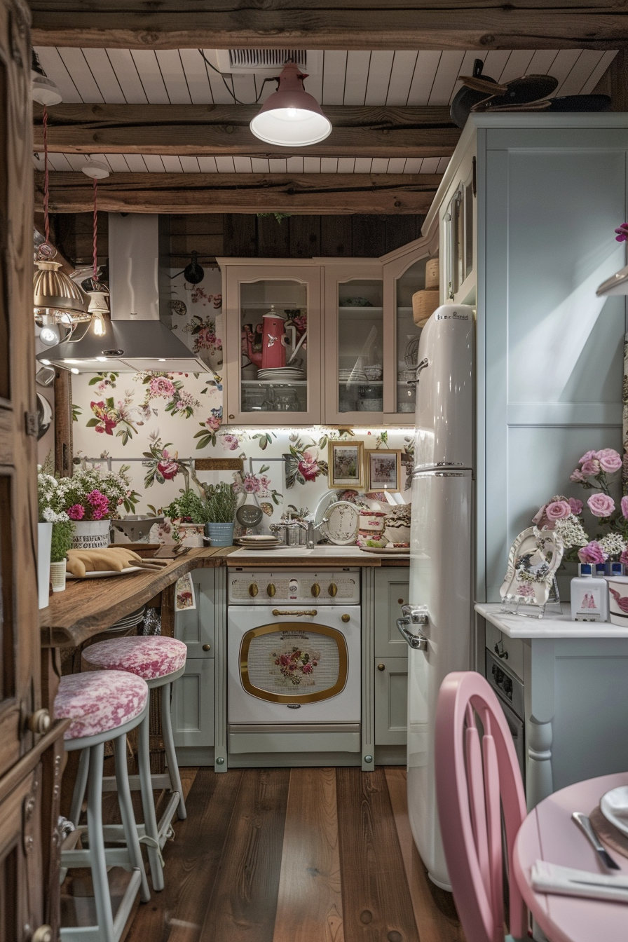 ALT: Cozy vintage kitchen interior with floral wallpaper, classic style oven, pastel-colored furniture, and decorative china on display.