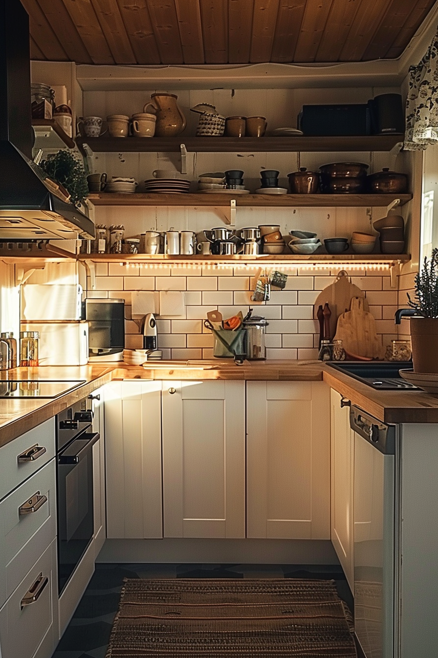 Cozy kitchen interior with warm lighting, open shelves filled with crockery, and wooden worktops.