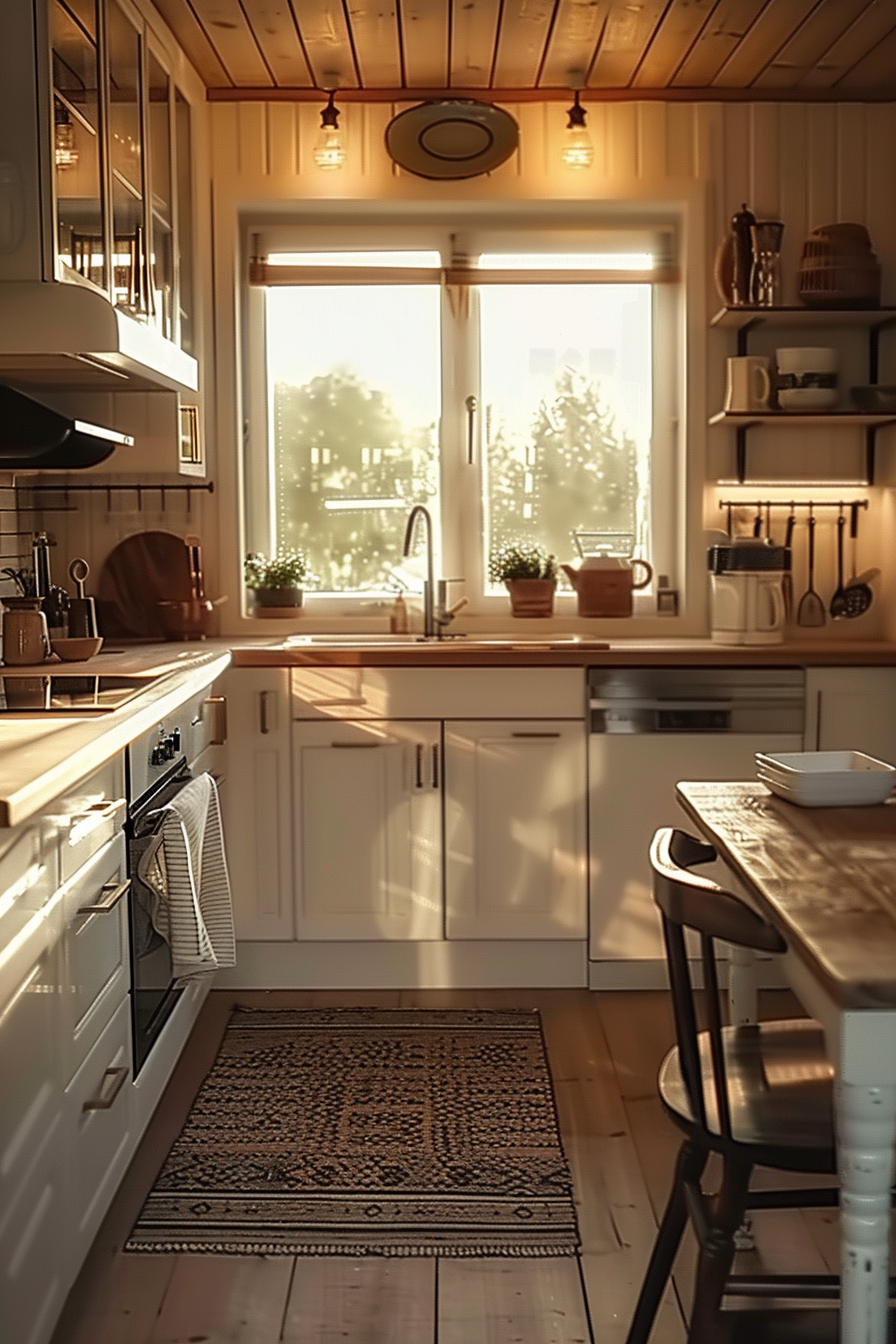 ALT text: Cozy kitchen interior at sunset, with wooden countertops, white cabinets, and plants by the window creating a warm ambiance.