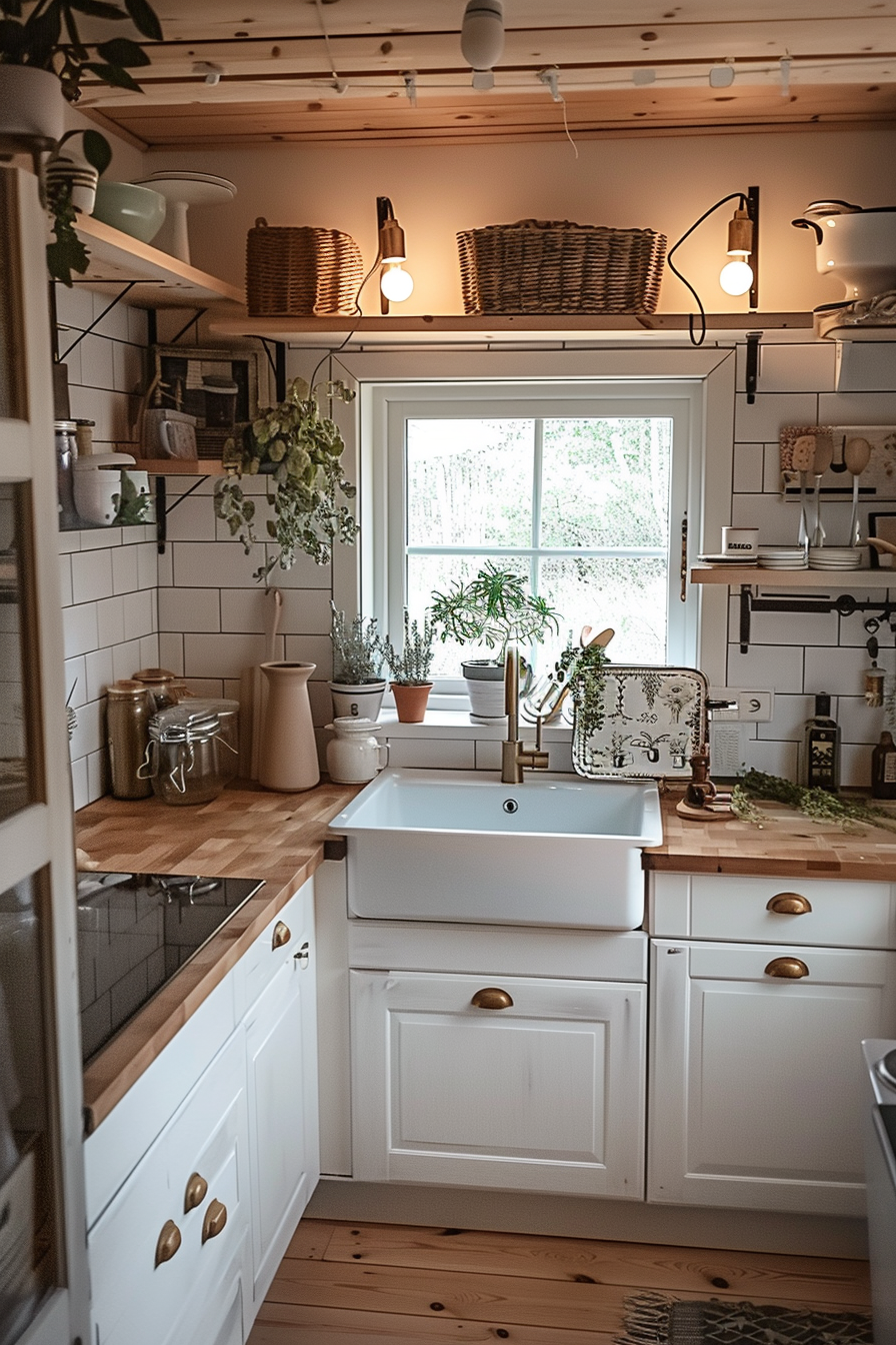 Cozy, well-lit kitchen interior with white cabinetry, wooden countertops, and potted plants on the window sill and open shelves.