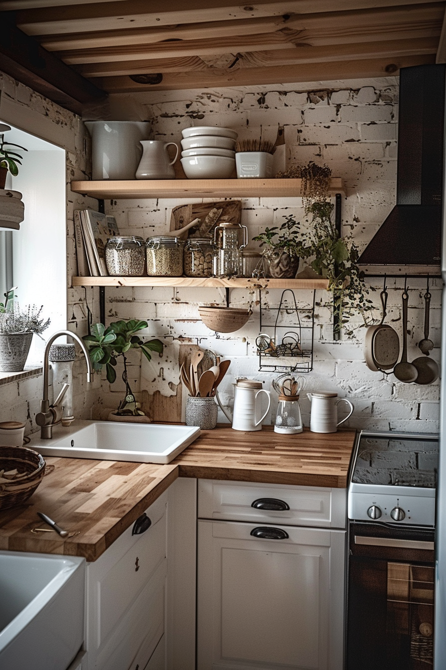 ALT Text: "Cozy kitchen interior with wooden countertops, white open shelving storing dishes and jars, and rustic white brick walls."
