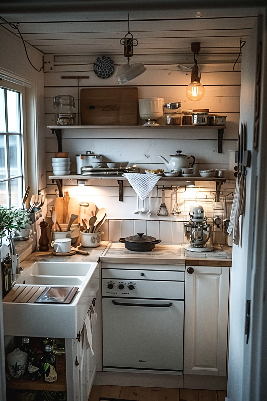 Cozy kitchen interior with wooden countertops, open shelves, vintage appliances, and hanging Edison bulb.