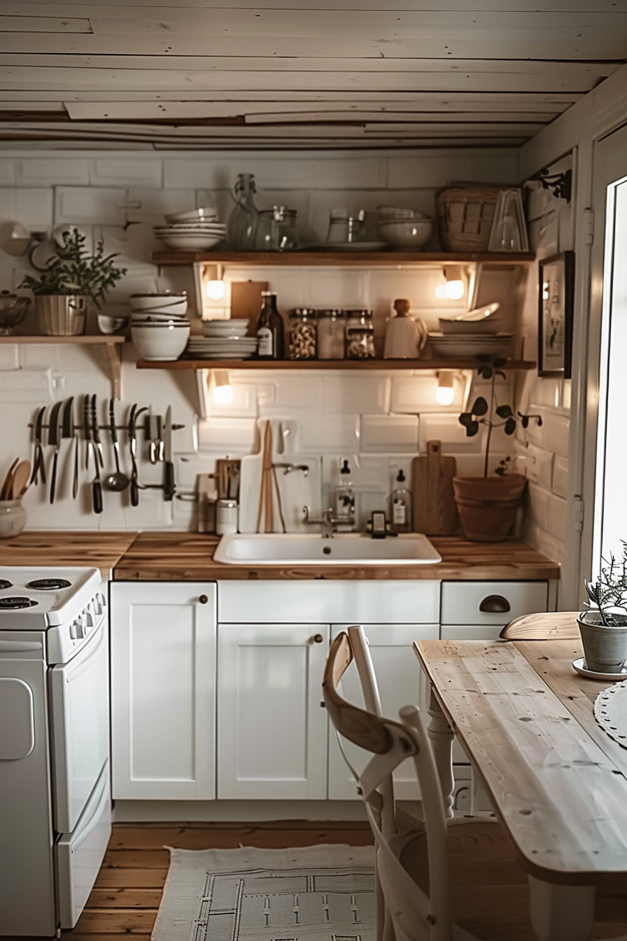 Cozy rustic kitchen interior with white cabinets, wooden countertops, open shelving, and a farmhouse sink under warm lighting.