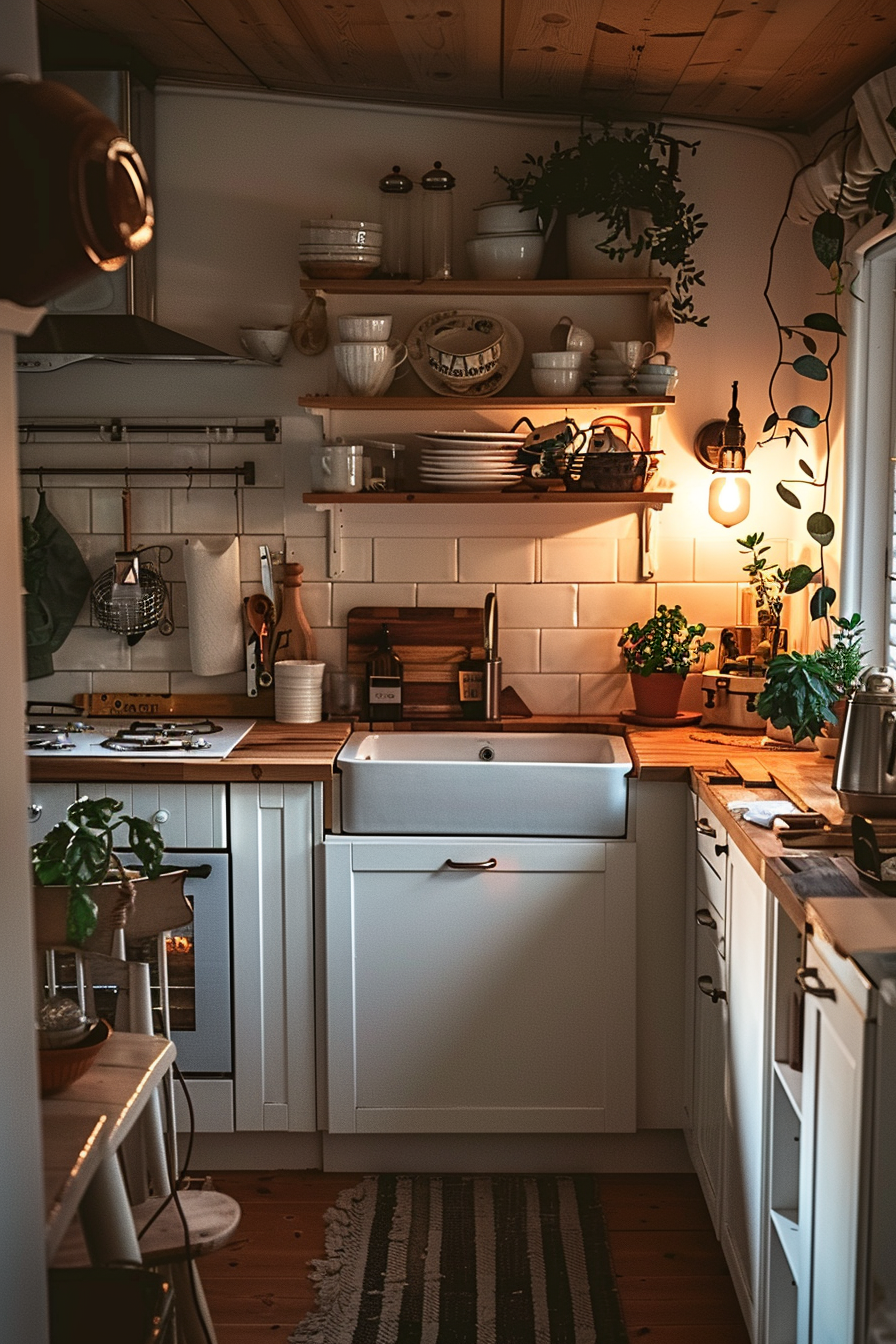 Cozy, well-lit kitchen with white cabinetry, open shelves, plants, and wooden countertops.
