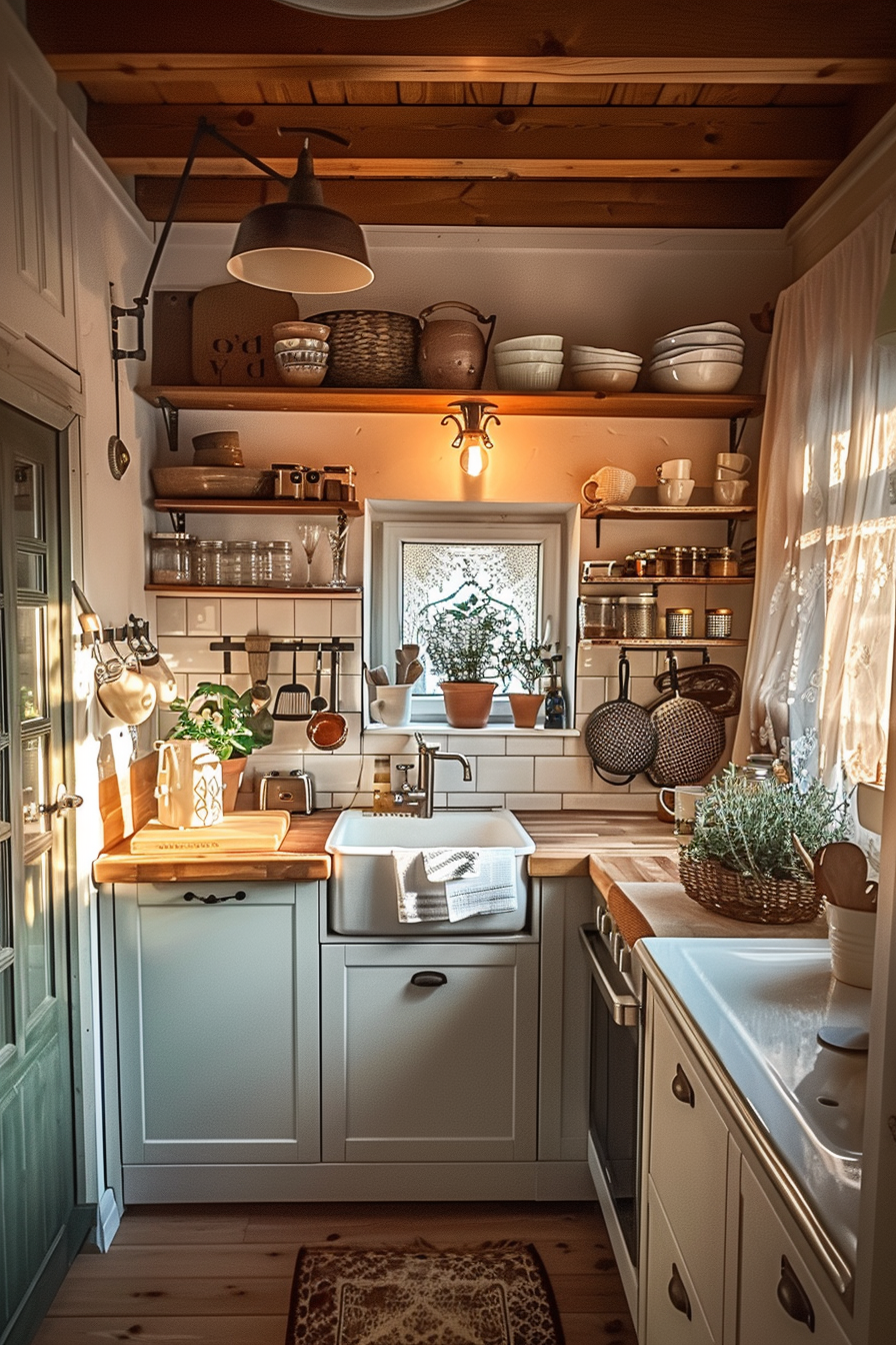 Cozy cottage kitchen with warm lighting, wooden shelves full of pottery, and a farmhouse sink under a window with plants.