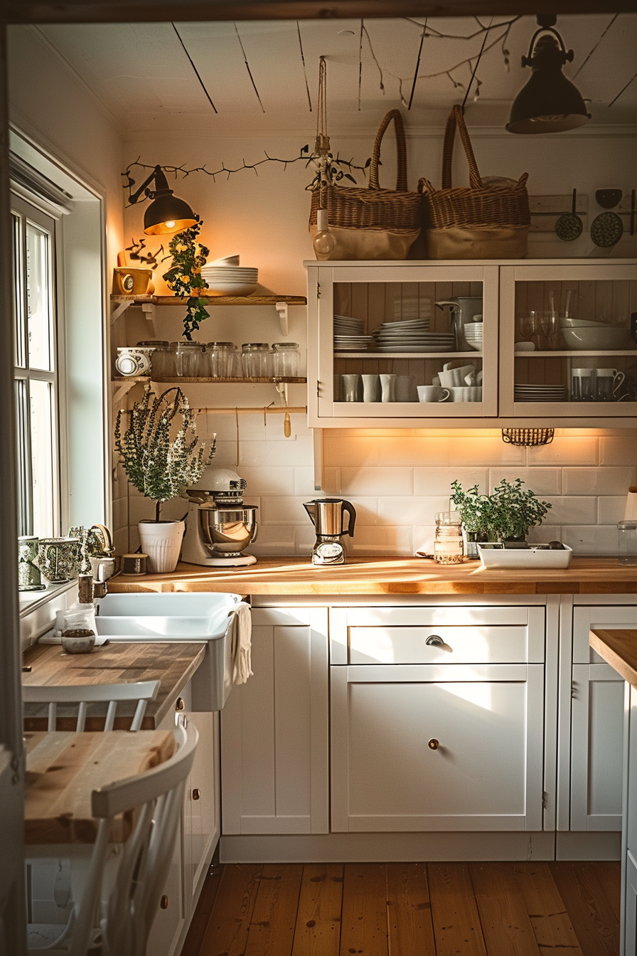 Cozy kitchen interior with warm lighting, wooden countertops, white cabinets, and open shelves stocked with dishes and plants.