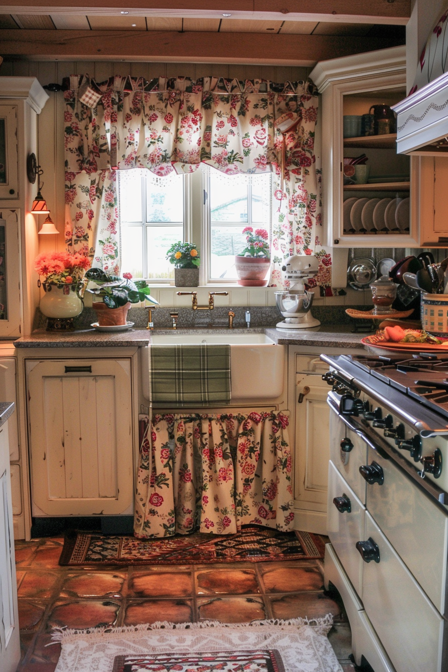 Cozy vintage kitchen interior with floral curtains, white cabinetry, farmhouse sink, and classic stove.