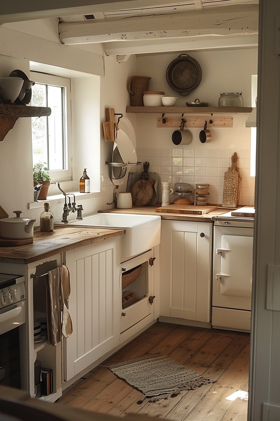 Cozy cottage kitchen with white cabinetry, farmhouse sink, wooden countertops, and vintage appliances.
