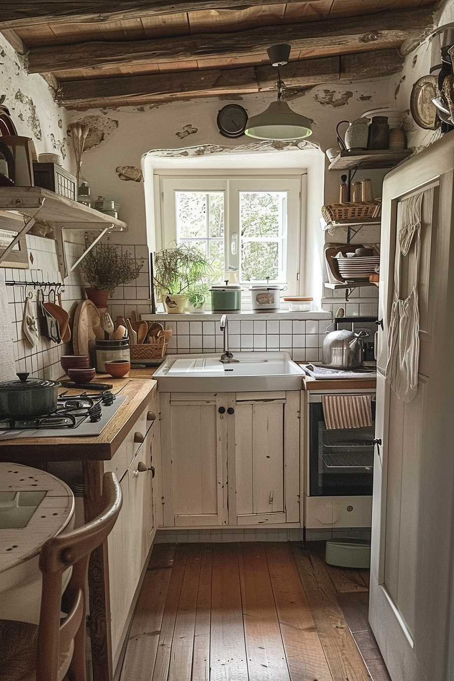 Rustic kitchen interior with exposed wooden beams, white cabinetry, a sink, plants on window sill, and various kitchen utensils.