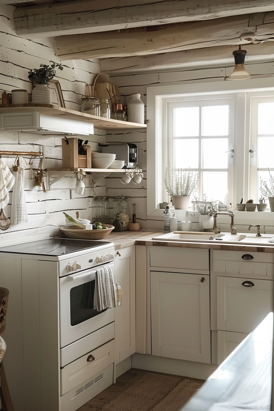 Cozy rustic kitchen interior with white cabinets, wooden countertops, farmhouse sink, and open shelving.