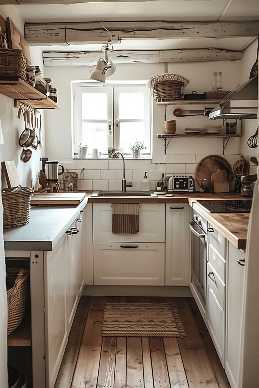 Cozy rustic kitchen interior with white cabinets, wooden countertops, and utensils on shelves. A woven rug lies on the plank floor.