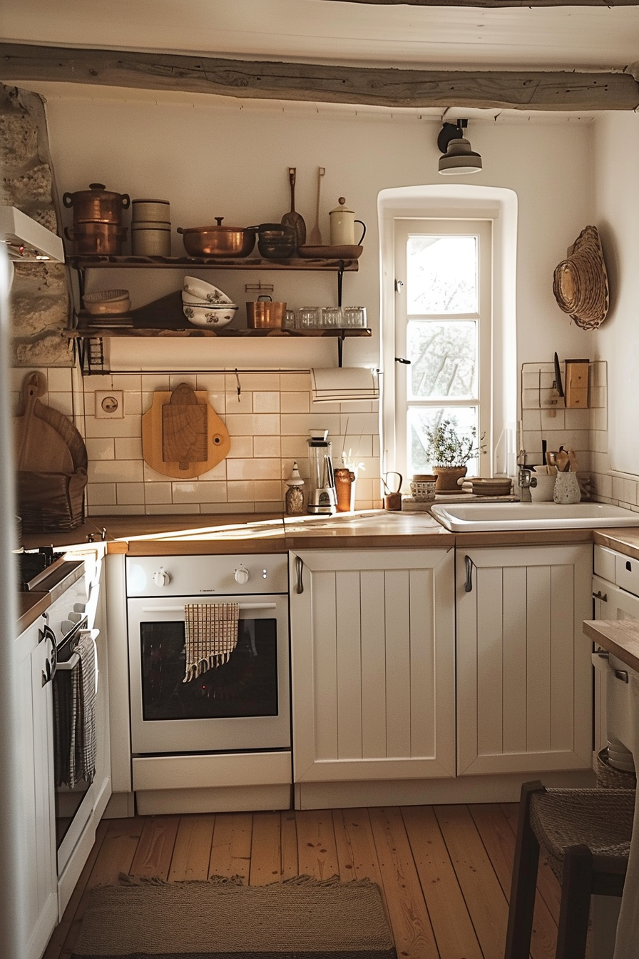 Cozy rustic kitchen interior with wooden countertops, cabinets, and vintage cookware on open shelving, bathed in warm natural light.