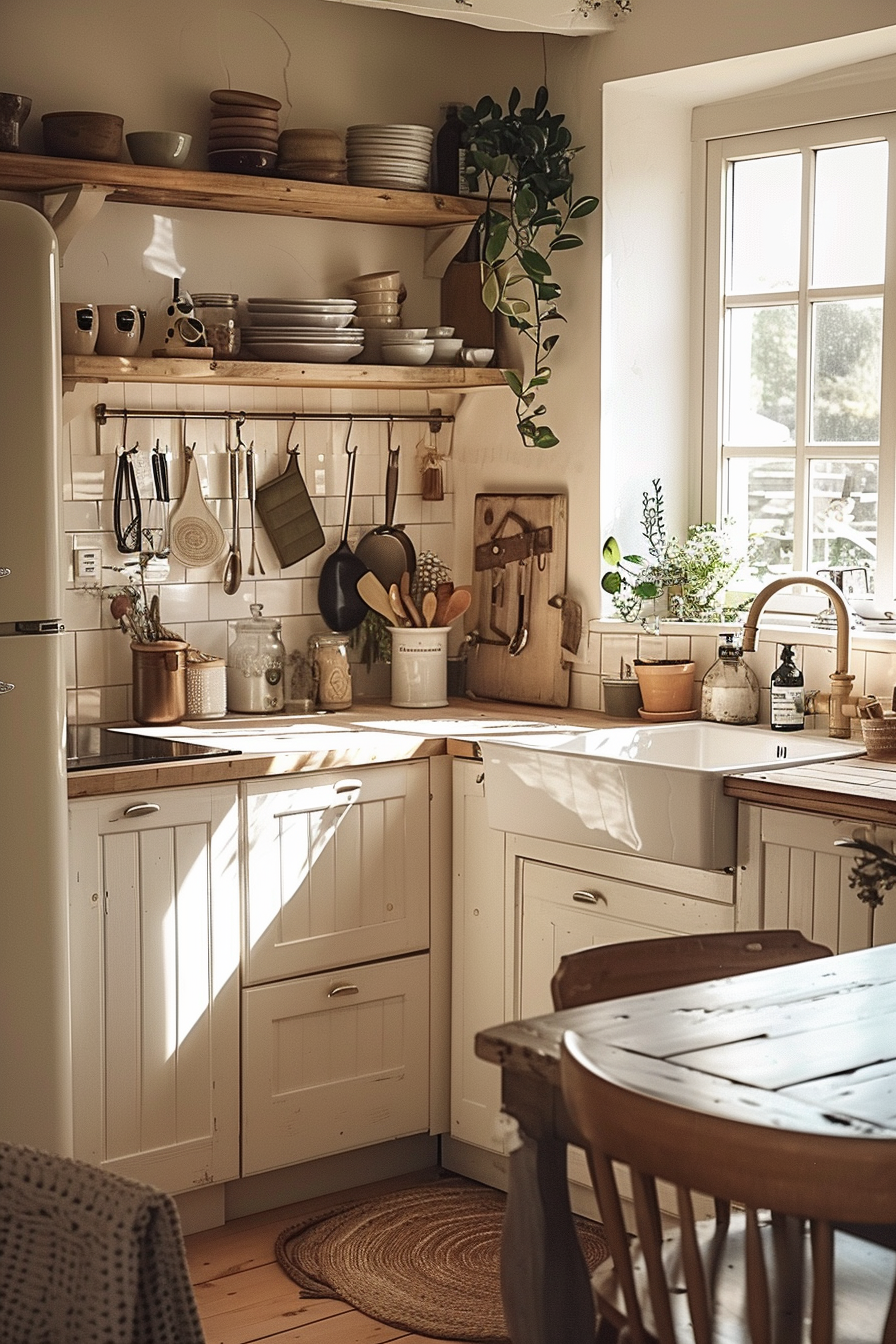 Cozy rustic kitchen with wooden furniture, open shelves, hanging utensils, and plants, bathed in warm sunlight.