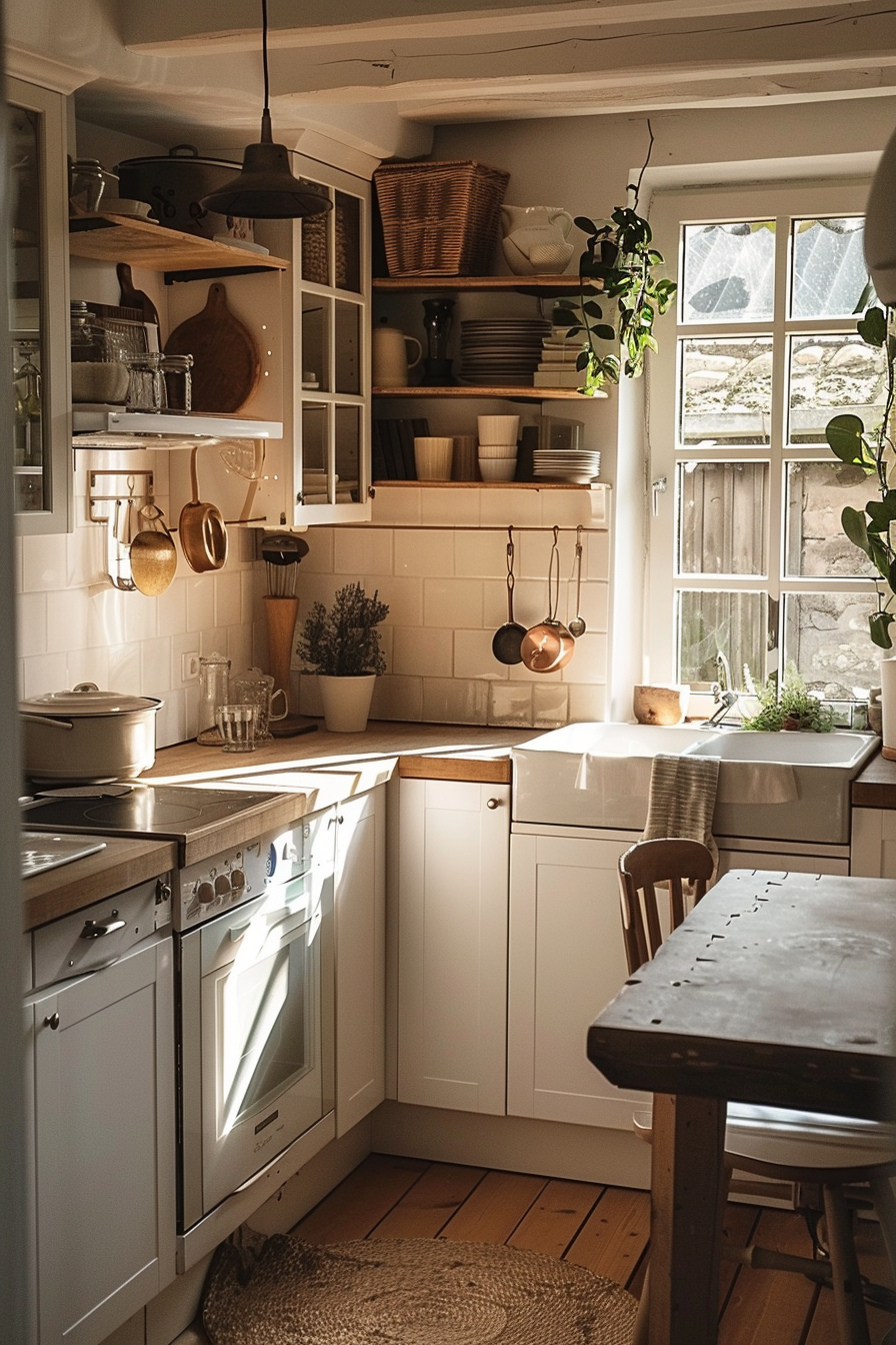 Cozy kitchen with white cabinetry, wooden countertops, hanging pots, and sunlit window with plants.