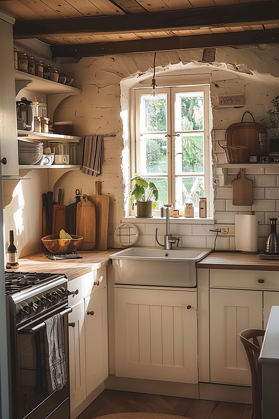 Cozy cottage kitchen with white cabinetry, wooden countertops, and a vintage stove, bathed in warm sunlight from a garden-facing window.