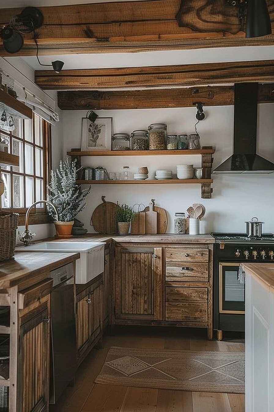 Cozy rustic kitchen interior with wooden cabinets, shelves with jars, farmhouse sink, and decorative plants.