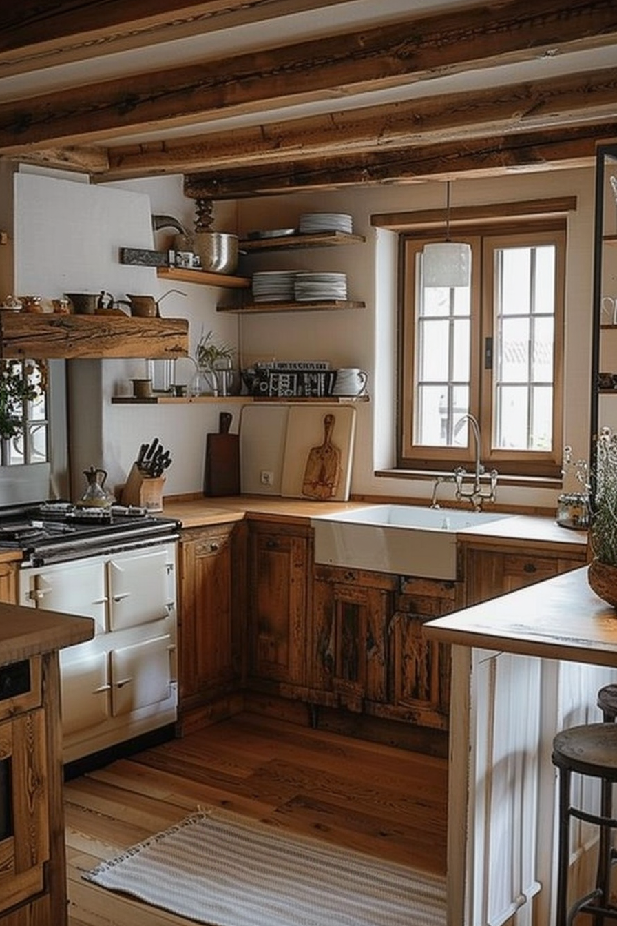 Rustic kitchen interior with wooden beams, cabinetry, a classic stove, and open shelving stacked with plates and cookware.