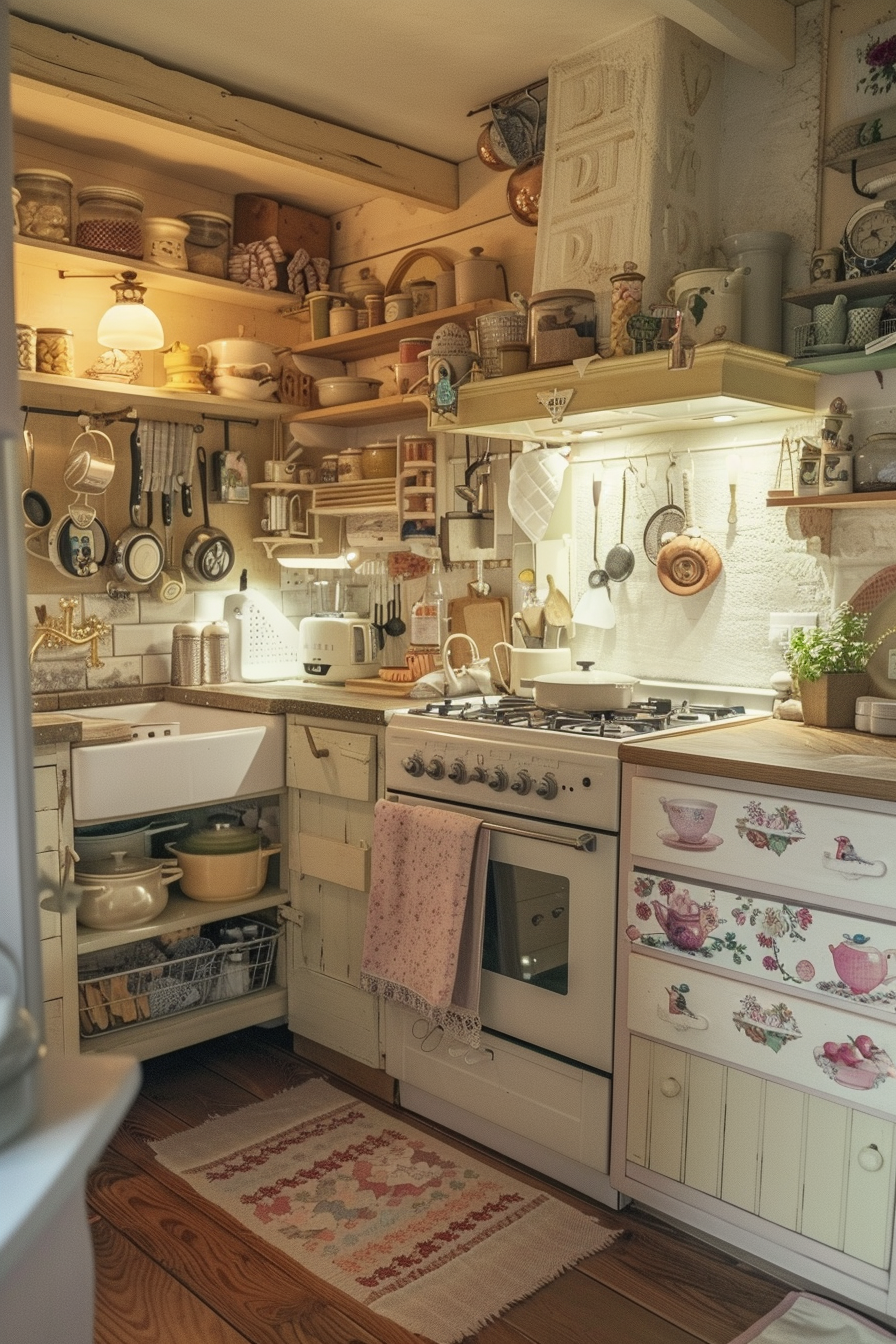 A cozy vintage kitchen with a stove, sink, shelves filled with dishes and pots, and warm lighting.