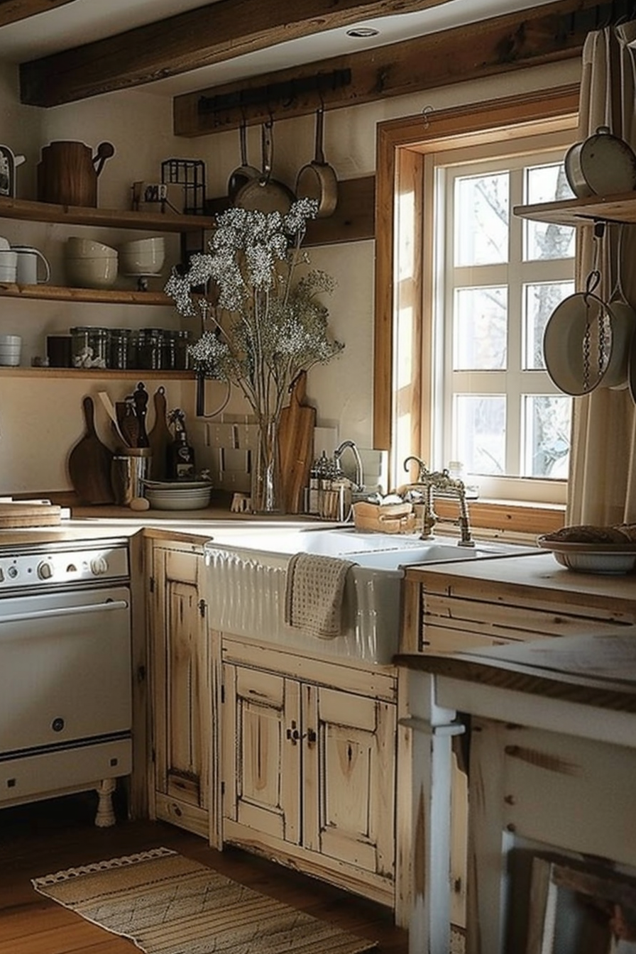 ALT: Cozy rustic kitchen interior with farmhouse sink, open shelving, white appliances, hanging pots, and natural light from a window.