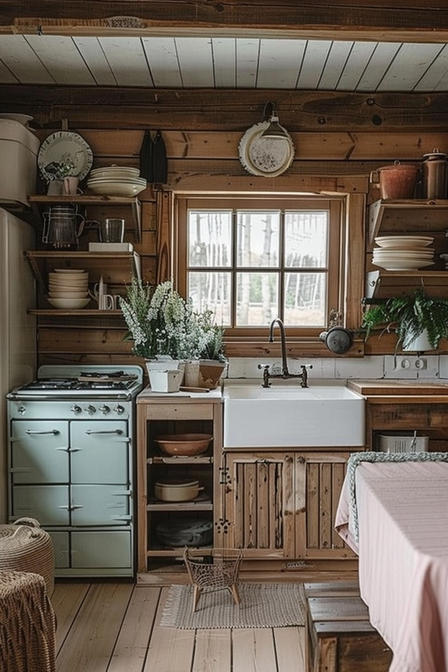 Cozy rustic kitchen interior with vintage appliances, wooden cabinetry, and farmhouse sink by a window with natural light.