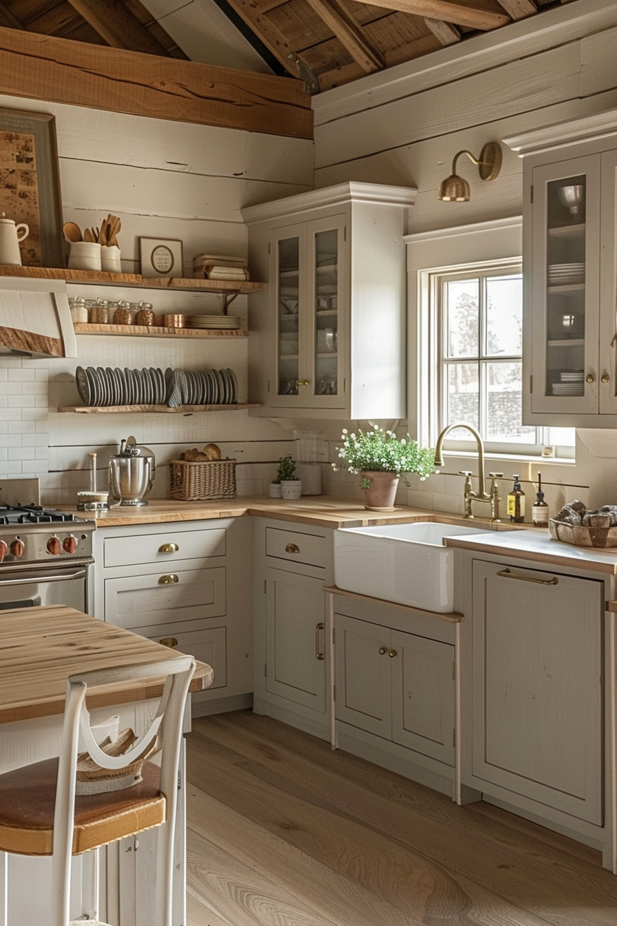 Cozy cottage-style kitchen with white cabinetry, wooden countertops, open shelves, and a farmhouse sink under a sunlit window.