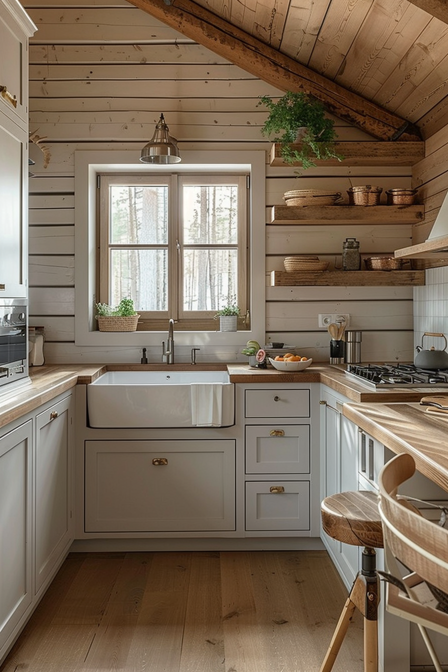 Cozy wooden cabin kitchen with modern appliances, a farmhouse sink, open shelves, and a window overlooking a forest.