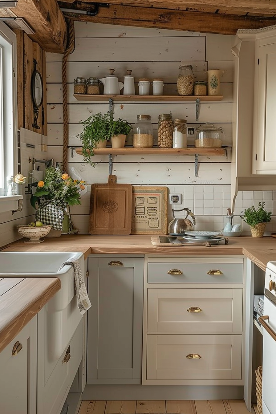 ALT: Cozy rustic kitchen with wooden countertops, white cabinets, open shelving, and an assortment of jars and potted herbs.