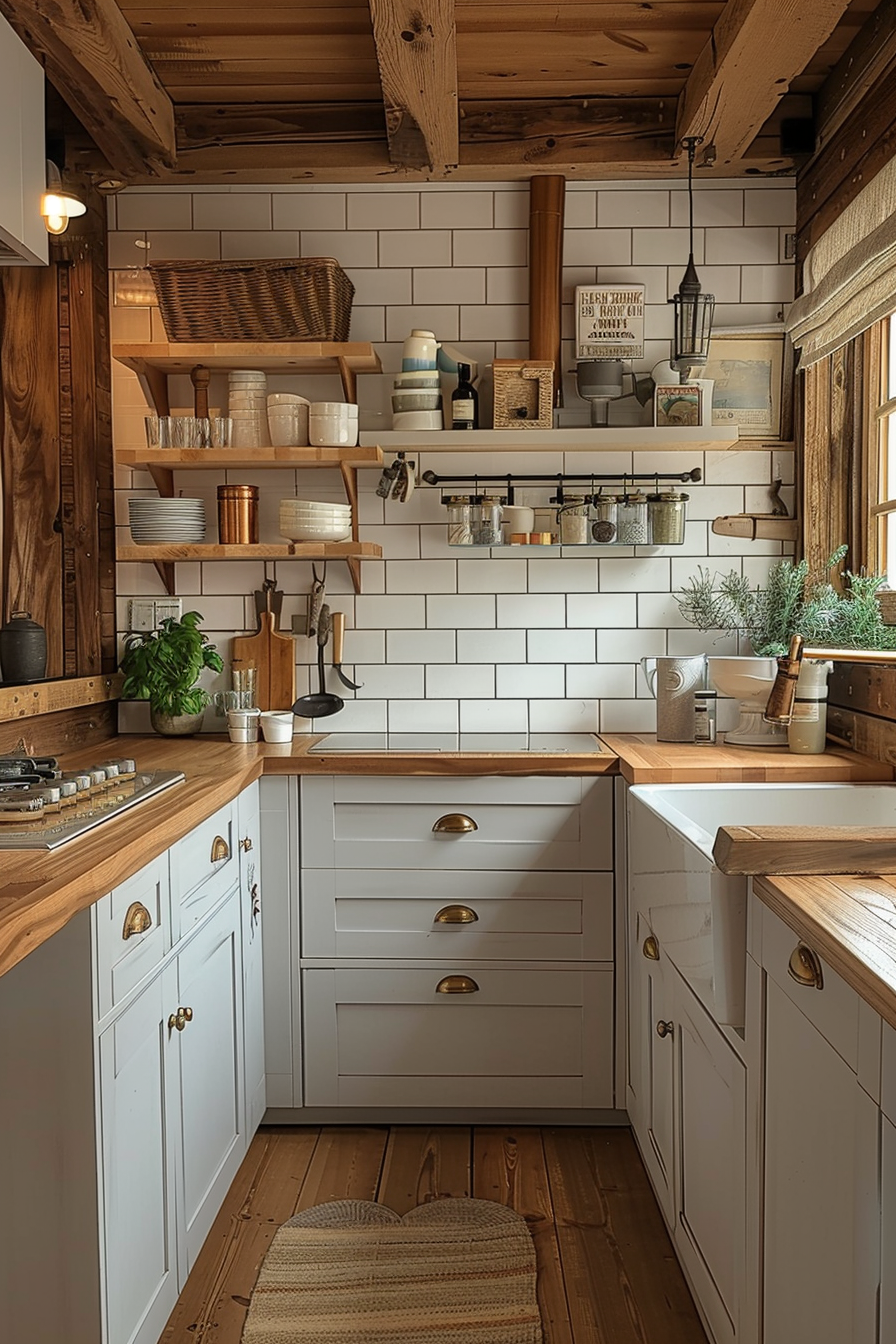 Rustic-style kitchen corner with white subway tiles, wooden countertops, open shelving, and brass fixtures.