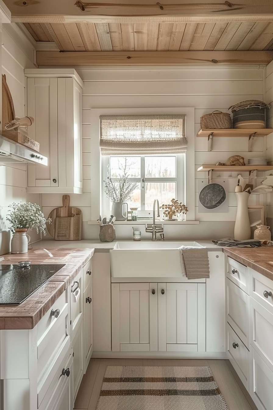 Cozy cottage-style kitchen with white cabinetry, wooden countertops, and natural light from a window with a lace curtain.