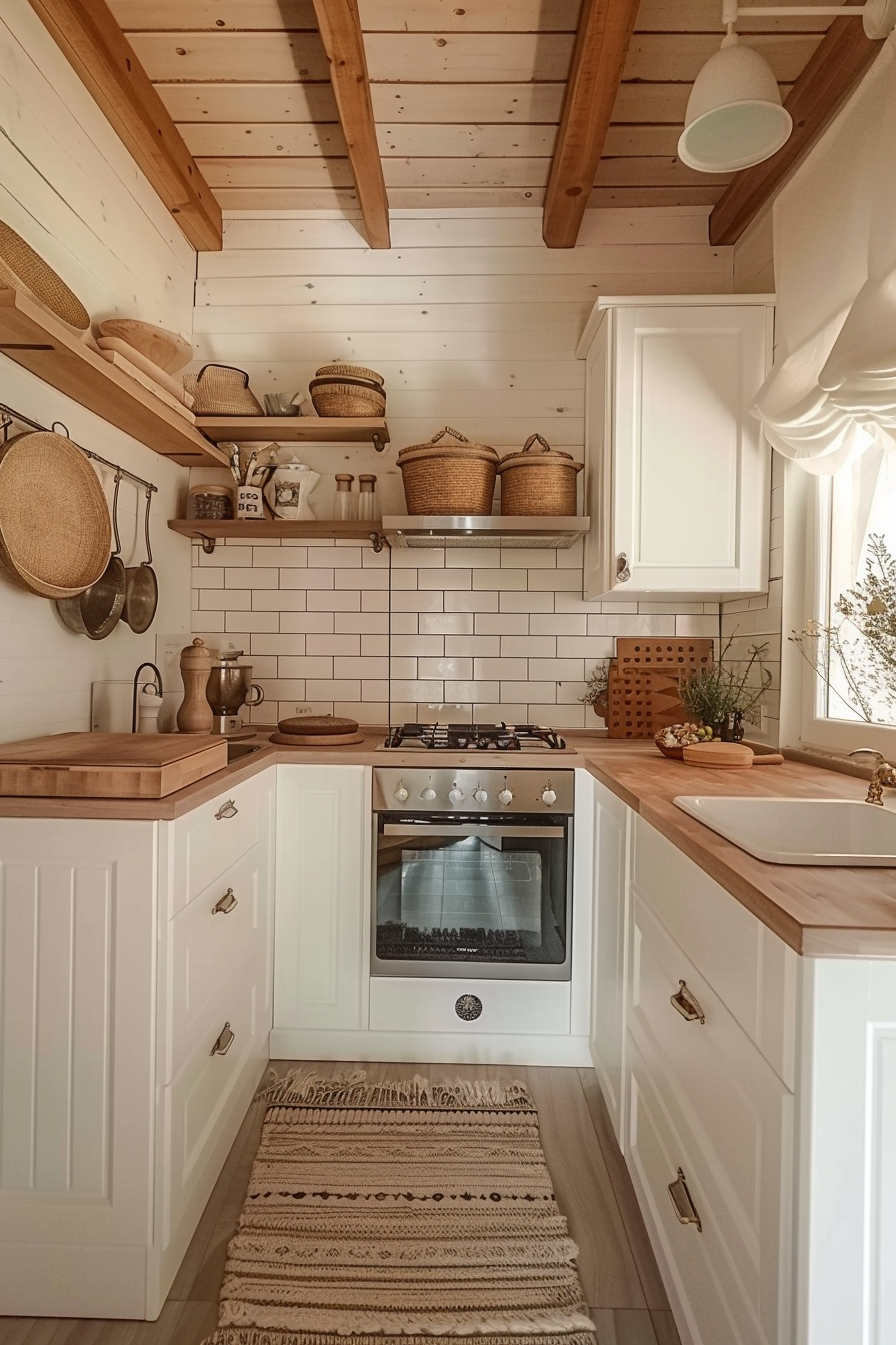 Cozy kitchen corner with white cabinets, subway tiles, wood countertops, and exposed ceiling beams, adorned with woven baskets and potted plants.