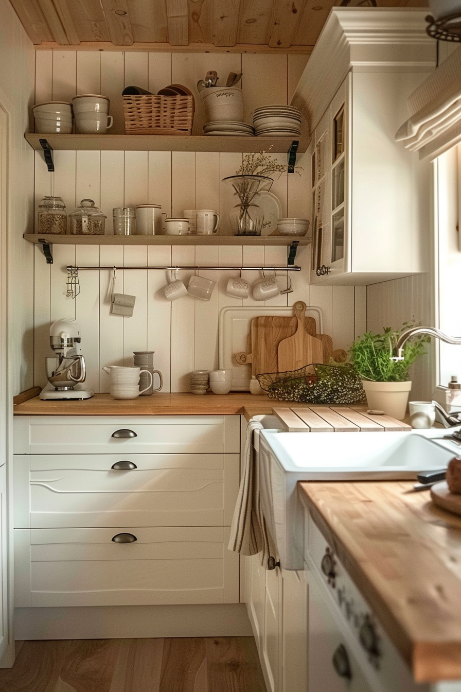 A cozy cottage-style kitchen with white cabinetry, wooden countertops, open shelving, and various kitchenware on display.