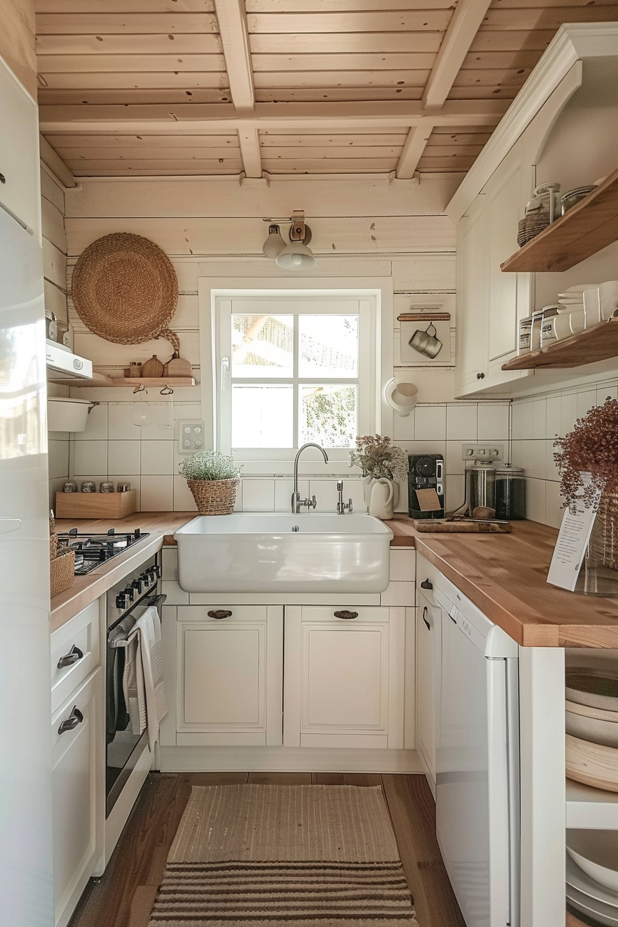 A cozy, well-lit kitchen interior with white cabinetry, wooden countertops, a farmhouse sink, and open shelving.