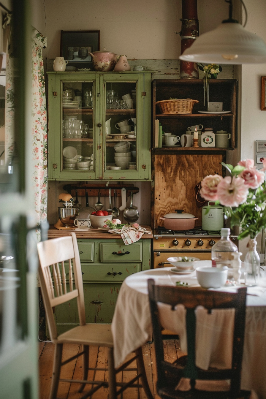 A cozy vintage kitchen with green cabinets, wooden countertops, floral patterns, and a table set for a meal.