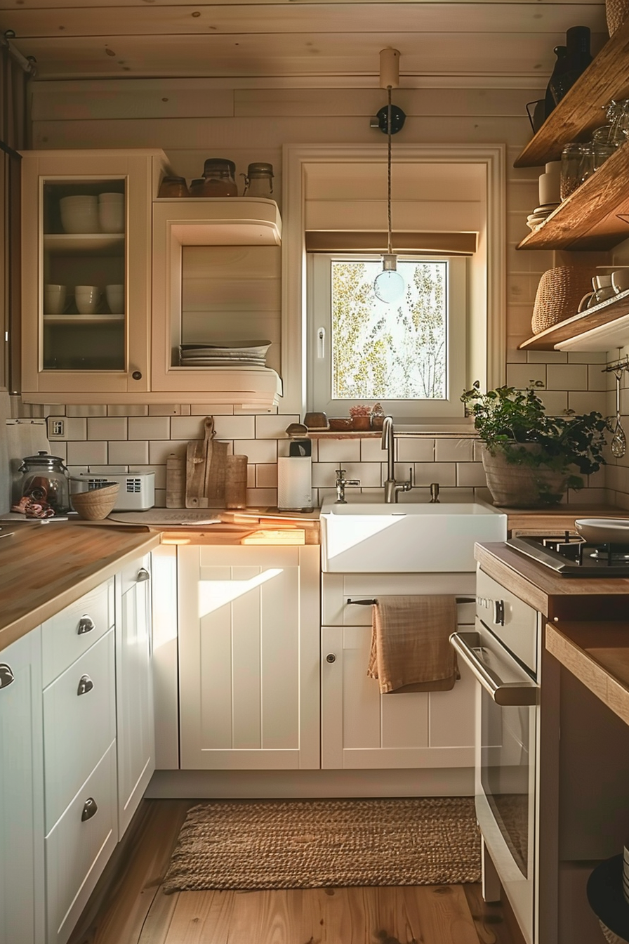 ALT: Cozy kitchen interior with wooden cabinets, subway tiles, and farmhouse sink, bathed in warm sunlight with a view of trees outside.