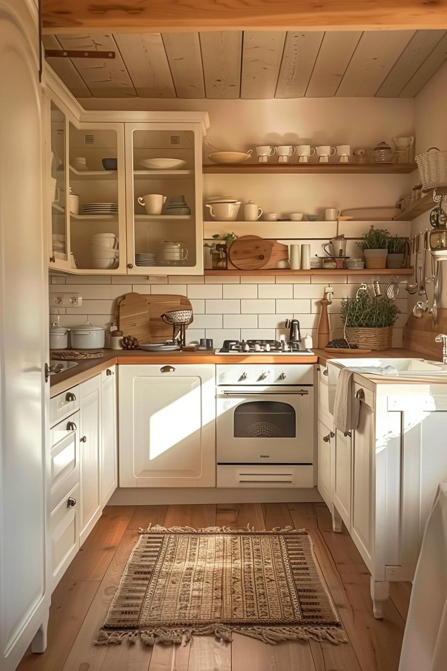 Cozy kitchen interior with wooden cabinets, floating shelves stocked with dishes, and sunlight casting warm shadows.