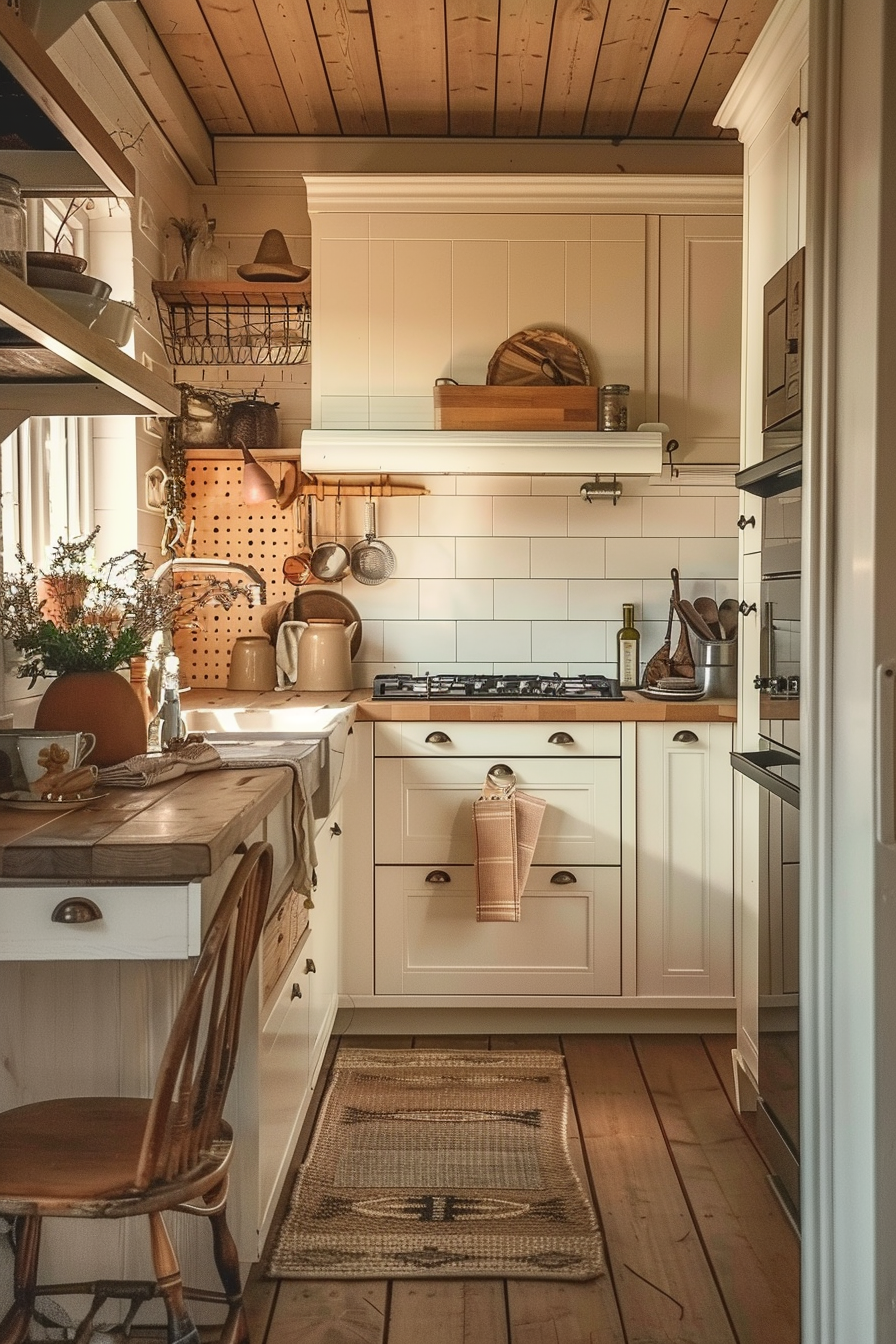 Cozy cottage kitchen interior with natural wood accents, white cabinetry, subway tiles, and vintage utensils.