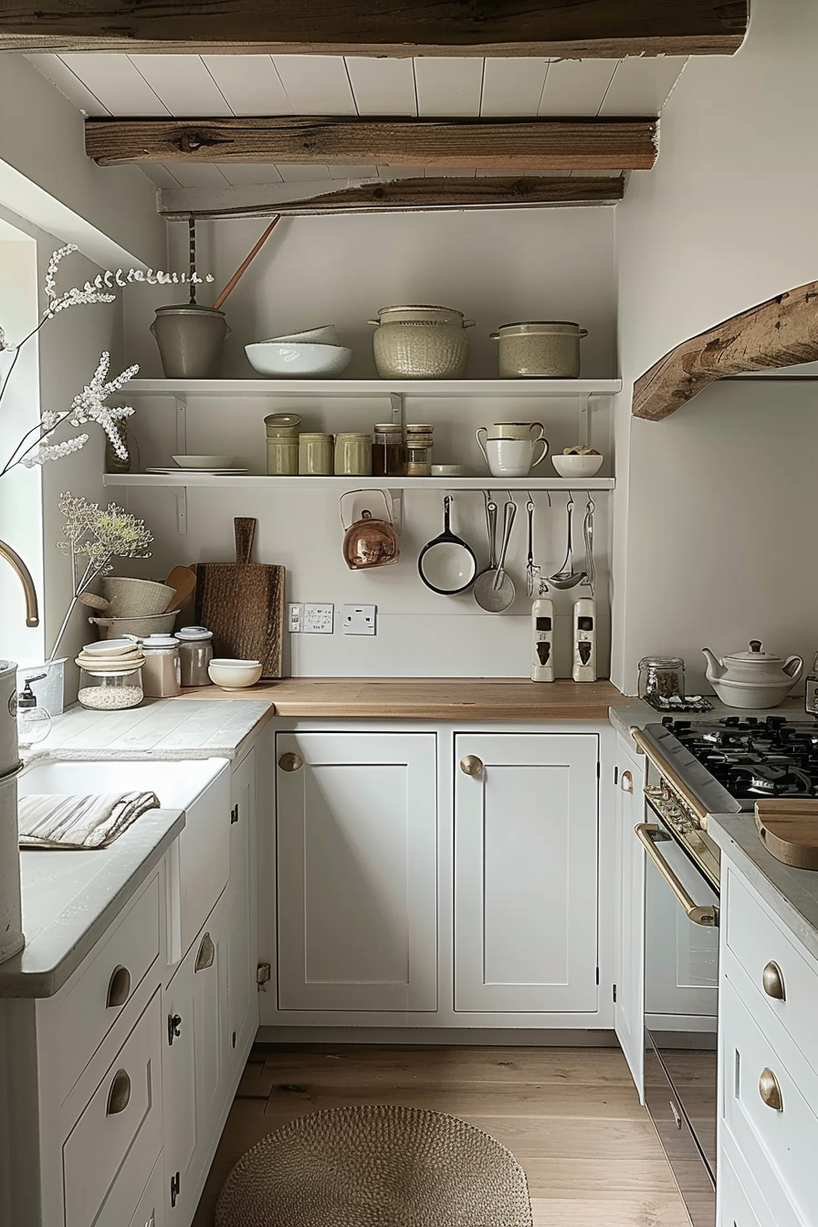 Cozy kitchen interior with white cabinetry, wooden countertops, open shelves with crockery, and hanging utensils.
