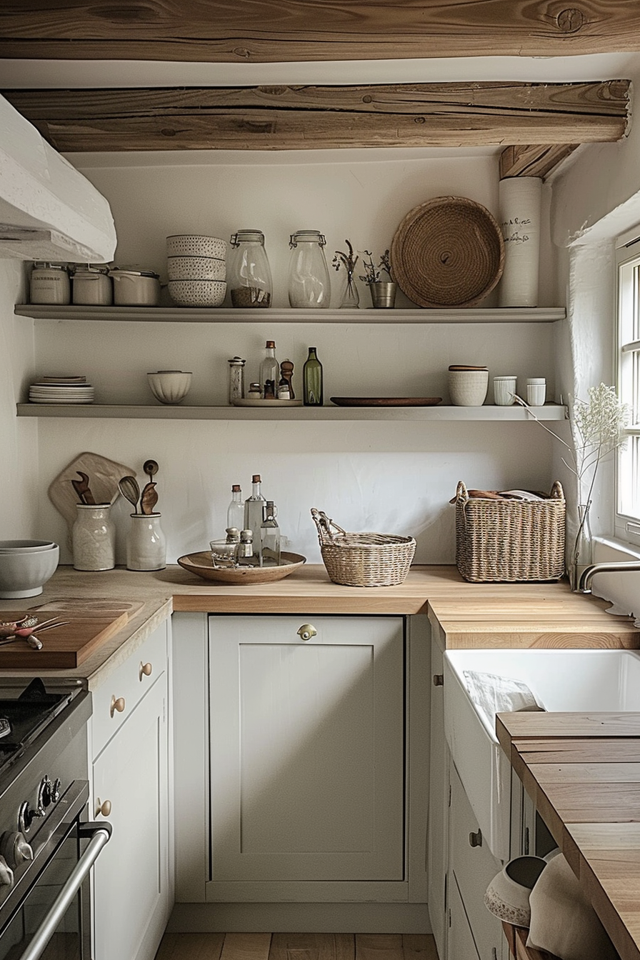 A cozy kitchen corner with wooden countertops, white cabinetry, and open shelves displaying jars, dishes, and wicker baskets.