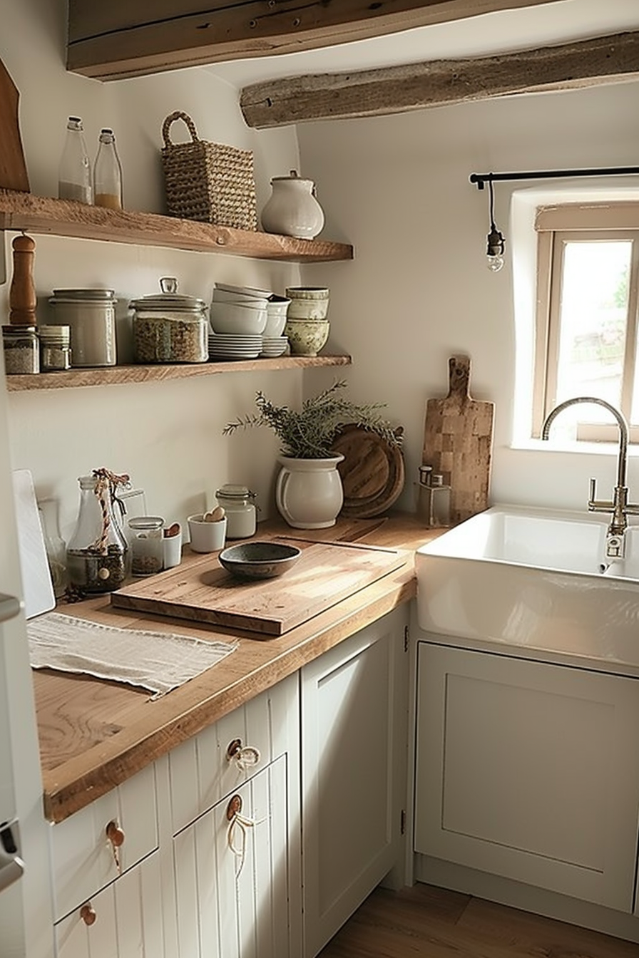 Cozy cottage-style kitchen corner with wooden countertops, open shelving, and vintage-style cabinetry.