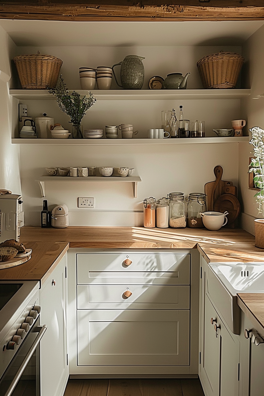 A cozy kitchen corner with sunlight casting shadows, featuring open shelves with rustic crockery and plants.