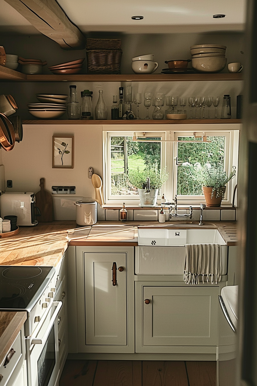 ALT: A cozy, sunlit country-style kitchen with open shelving, various dishes displayed, and a view of greenery through the window over the sink.
